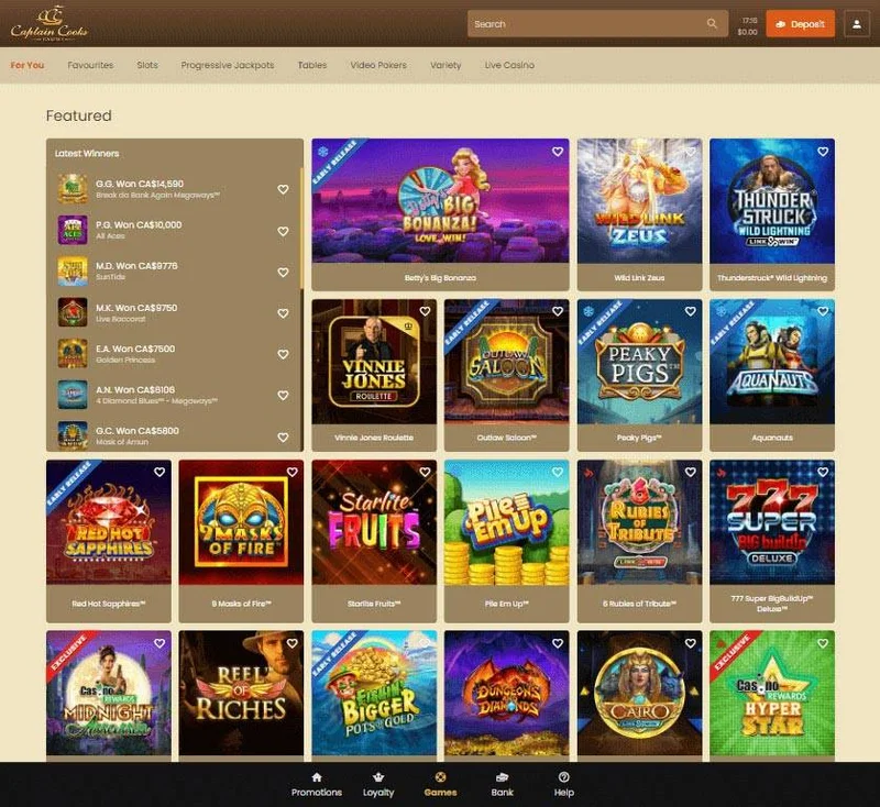 Captain Cooks Casino Game Selection
