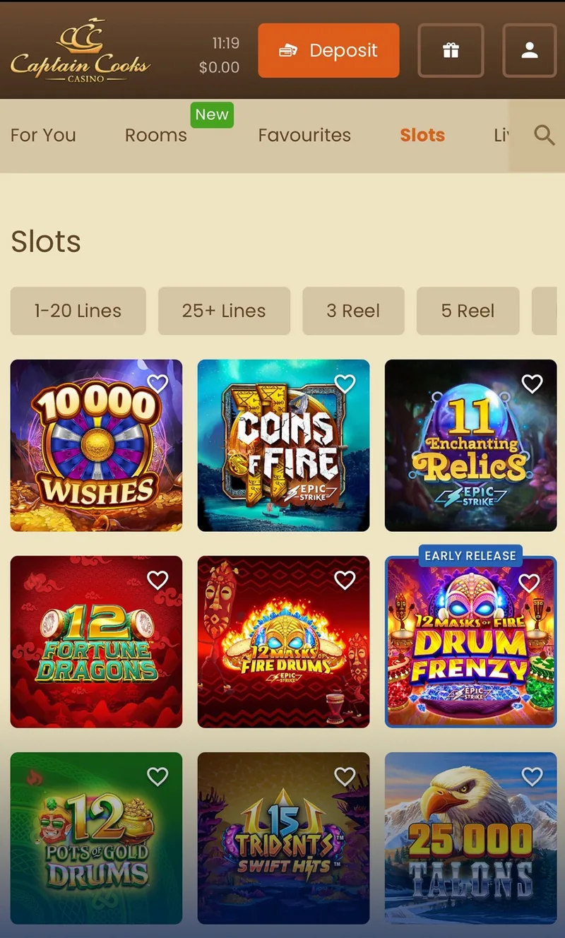Captain Cooks Casino Mobile Interface